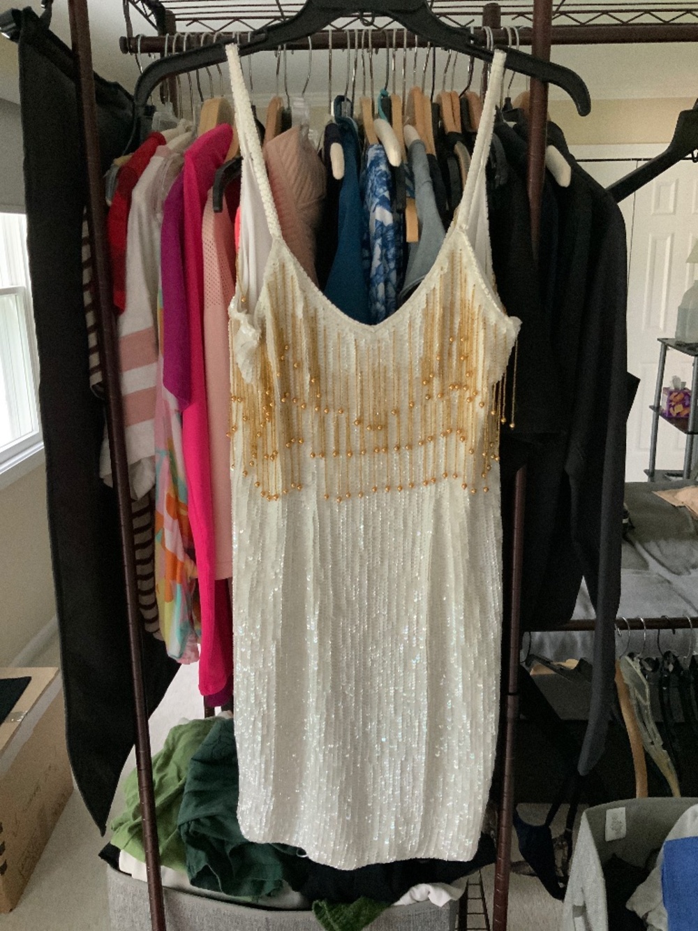 White sequin mini dress with gold tassels. Women’s size small
